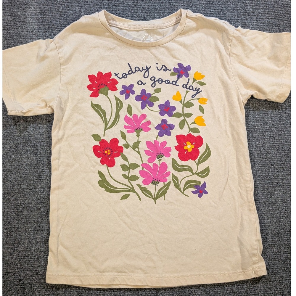 Floral Graphic T-Shirt Kids Size M 7/8 Cream Short Sleeve Tee